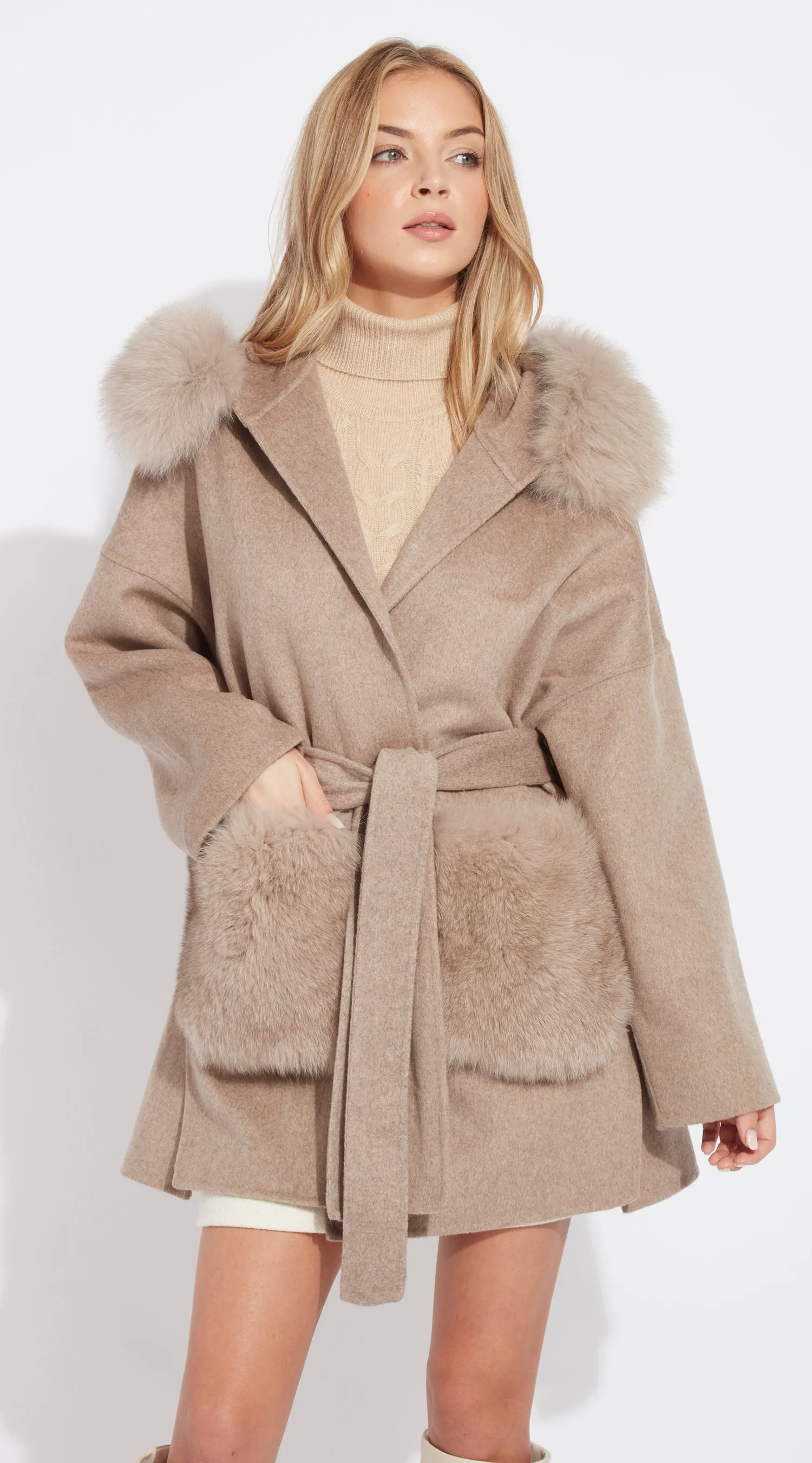 The London Cashmere & Fox Fur Hood & Pockets Belted Coat - Taupe