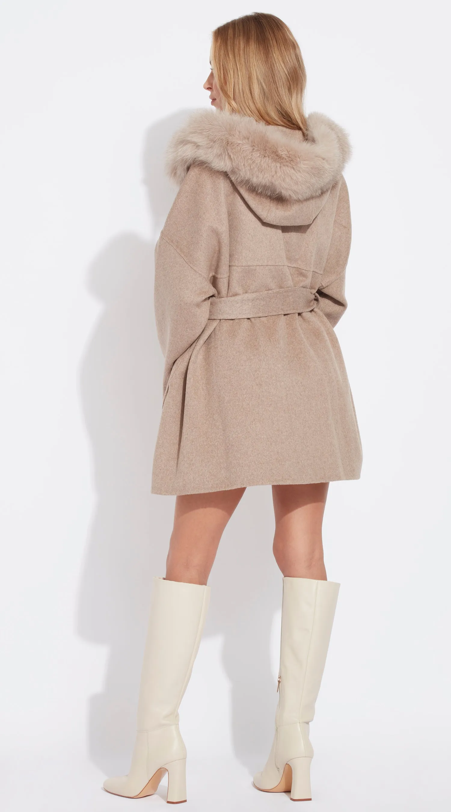 The London Cashmere & Fox Fur Hood & Pockets Belted Coat - Taupe