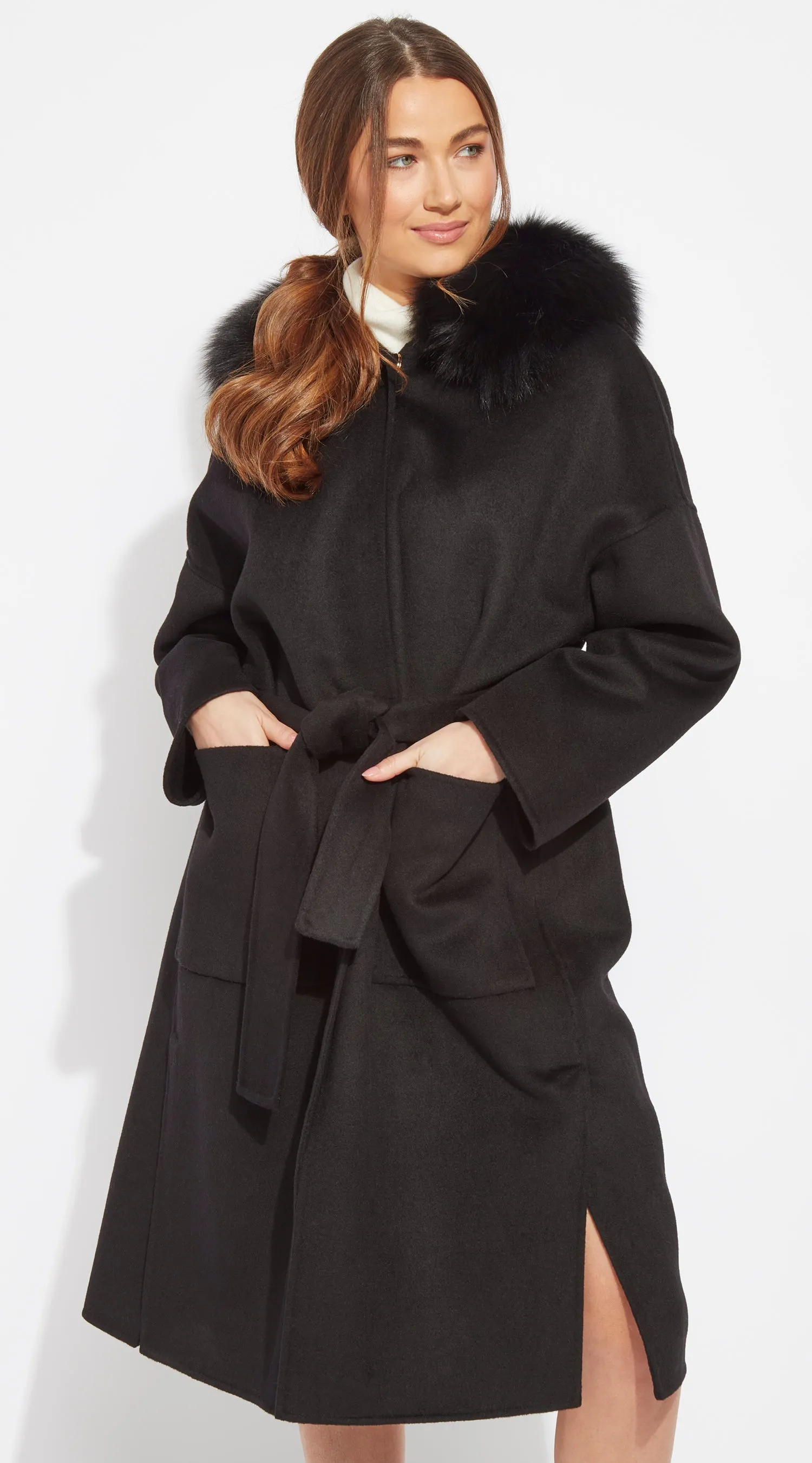 The Midi London Cashmere & Fox Fur Belted Coat - Black