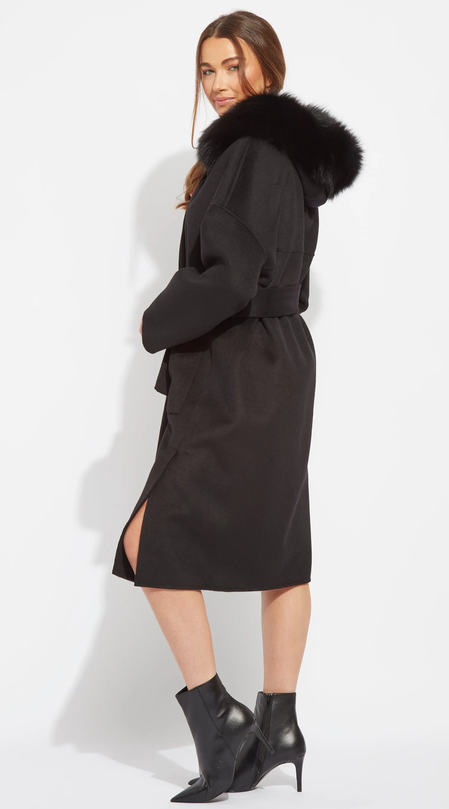 The Midi London Cashmere & Fox Fur Belted Coat - Black