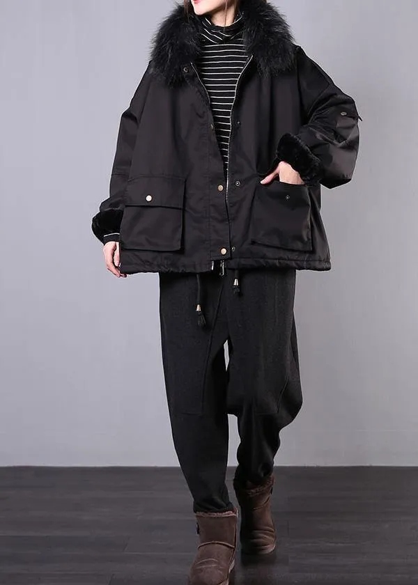 thick black casual outfit oversize Jackets & Coats pockets faux fur collar overcoat