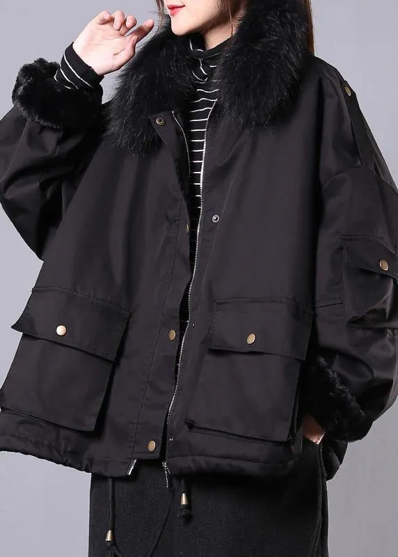 thick black casual outfit oversize Jackets & Coats pockets faux fur collar overcoat