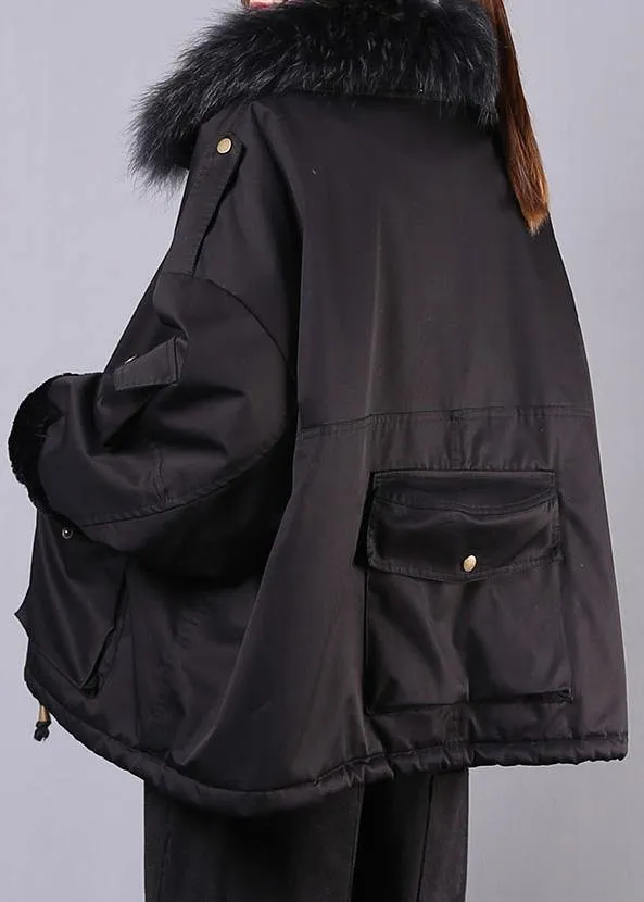 thick black casual outfit oversize Jackets & Coats pockets faux fur collar overcoat