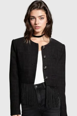 Tweed Jacket with Fringe at Hem - Black