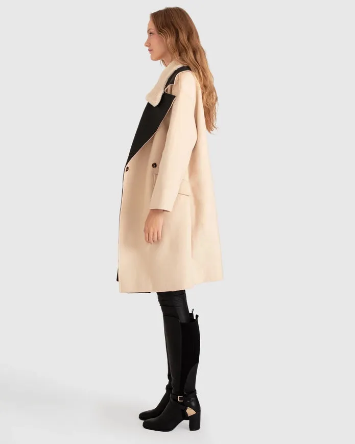 Watch Me Go Oversized Leather Trimmed Coat - Pale Oat