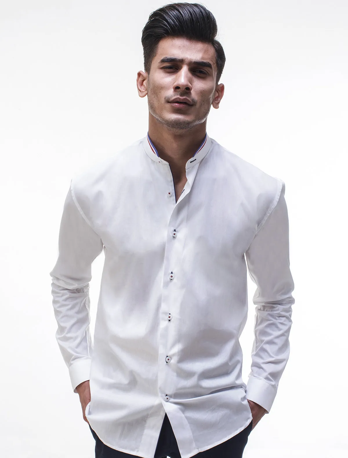 WHITE MANDARIN COLLAR SHIRT