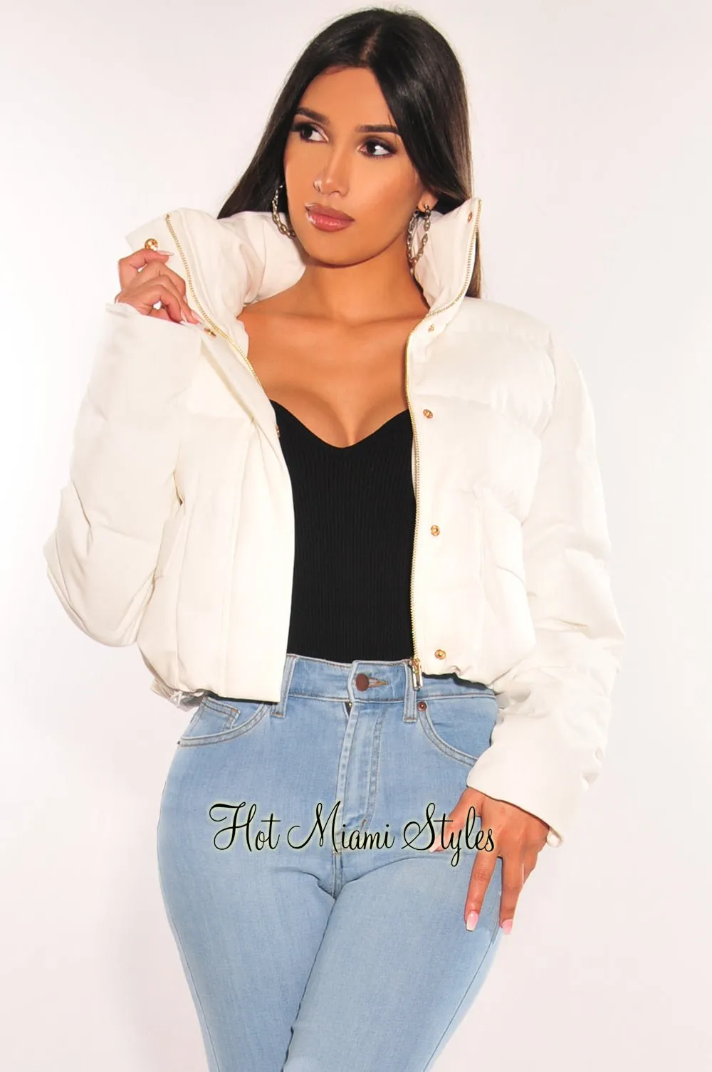 White Puffer Bomber Zipper Long Sleeve Cropped Jacket