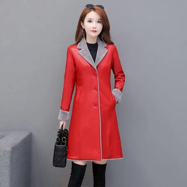 Winter Fashion Thicken Women Leather And Velvet Coat