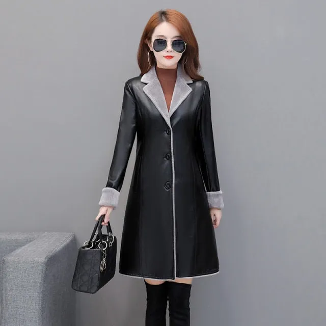 Winter Fashion Thicken Women Leather And Velvet Coat