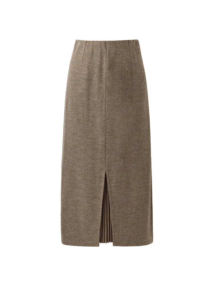 Wool Patchwork Pleated Women Midi Skirt