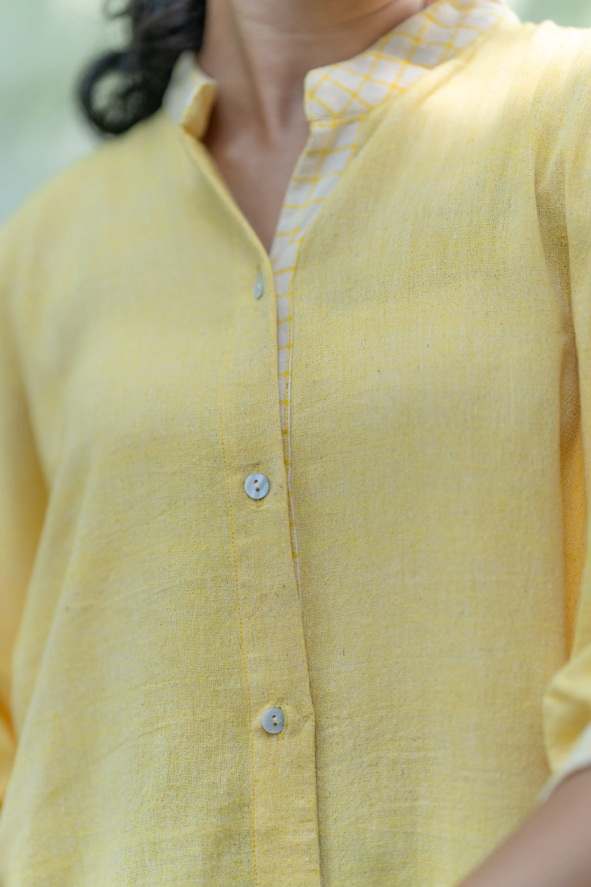 Yellow Mandarin Collar Handloom Cotton Shirt