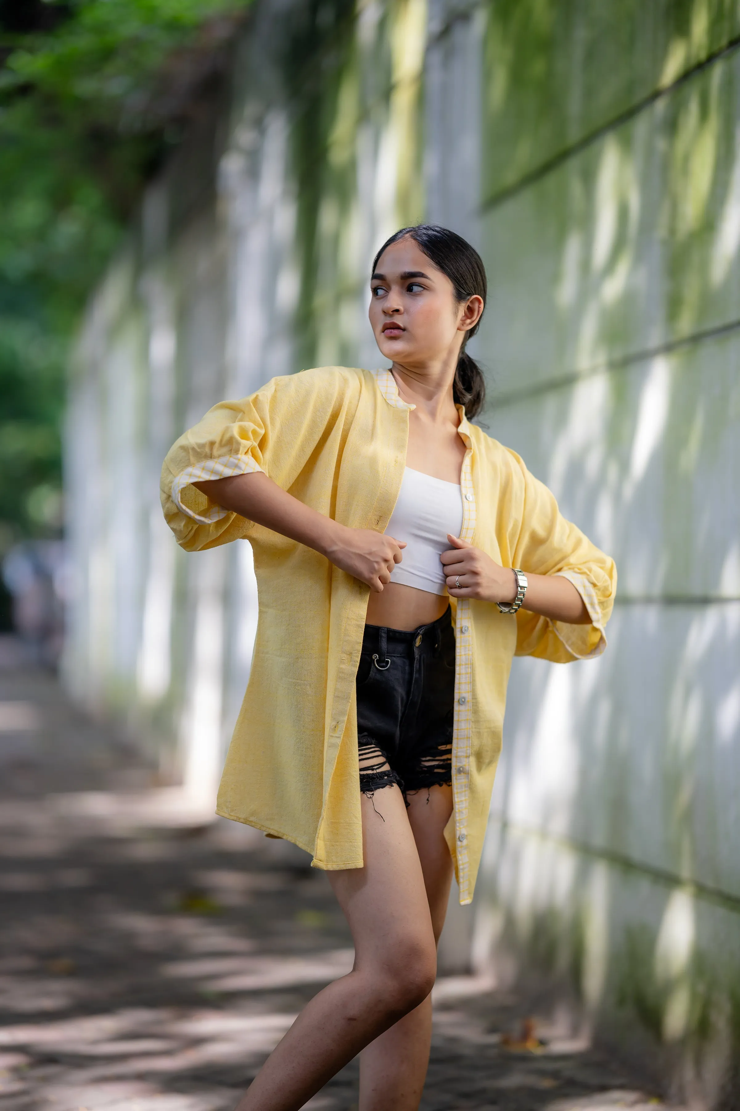 Yellow Mandarin Collar Handloom Cotton Shirt