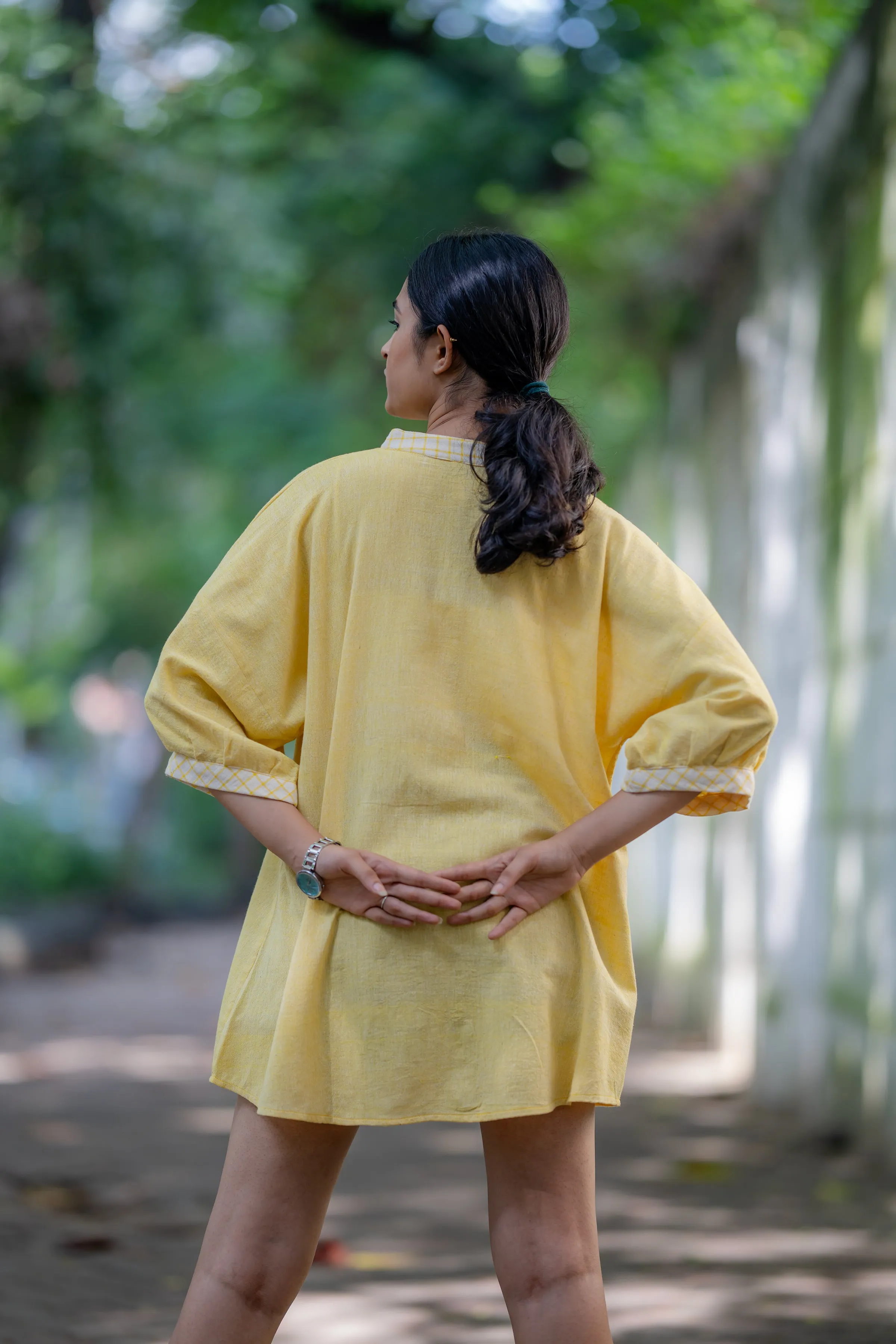 Yellow Mandarin Collar Handloom Cotton Shirt