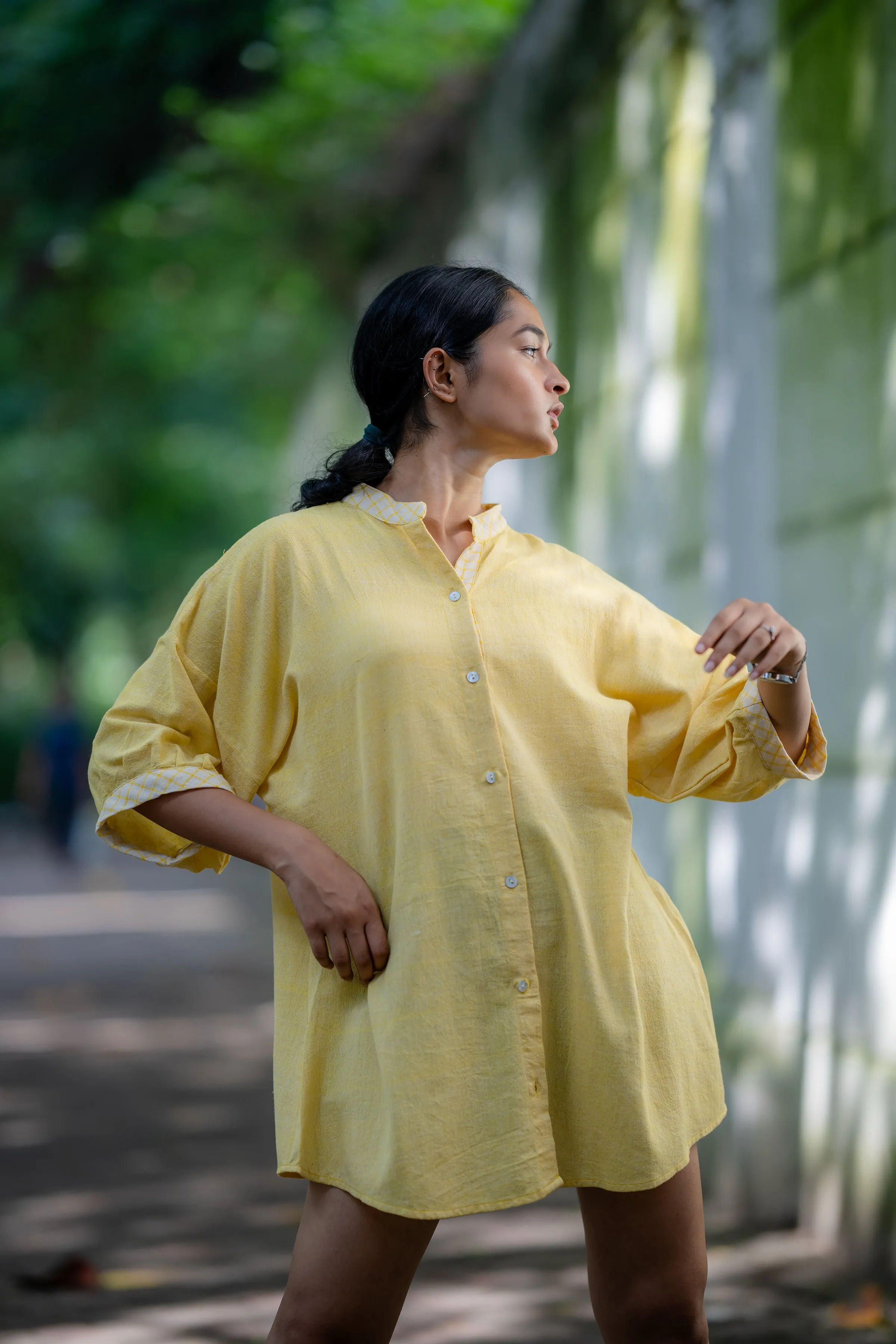 Yellow Mandarin Collar Handloom Cotton Shirt