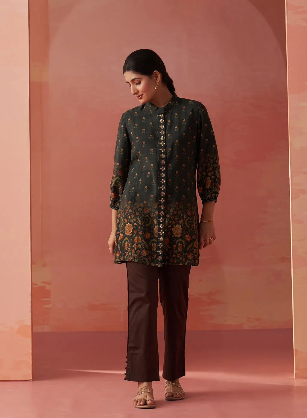 Zaina Green Printed Cotton Modal Shirt for Women