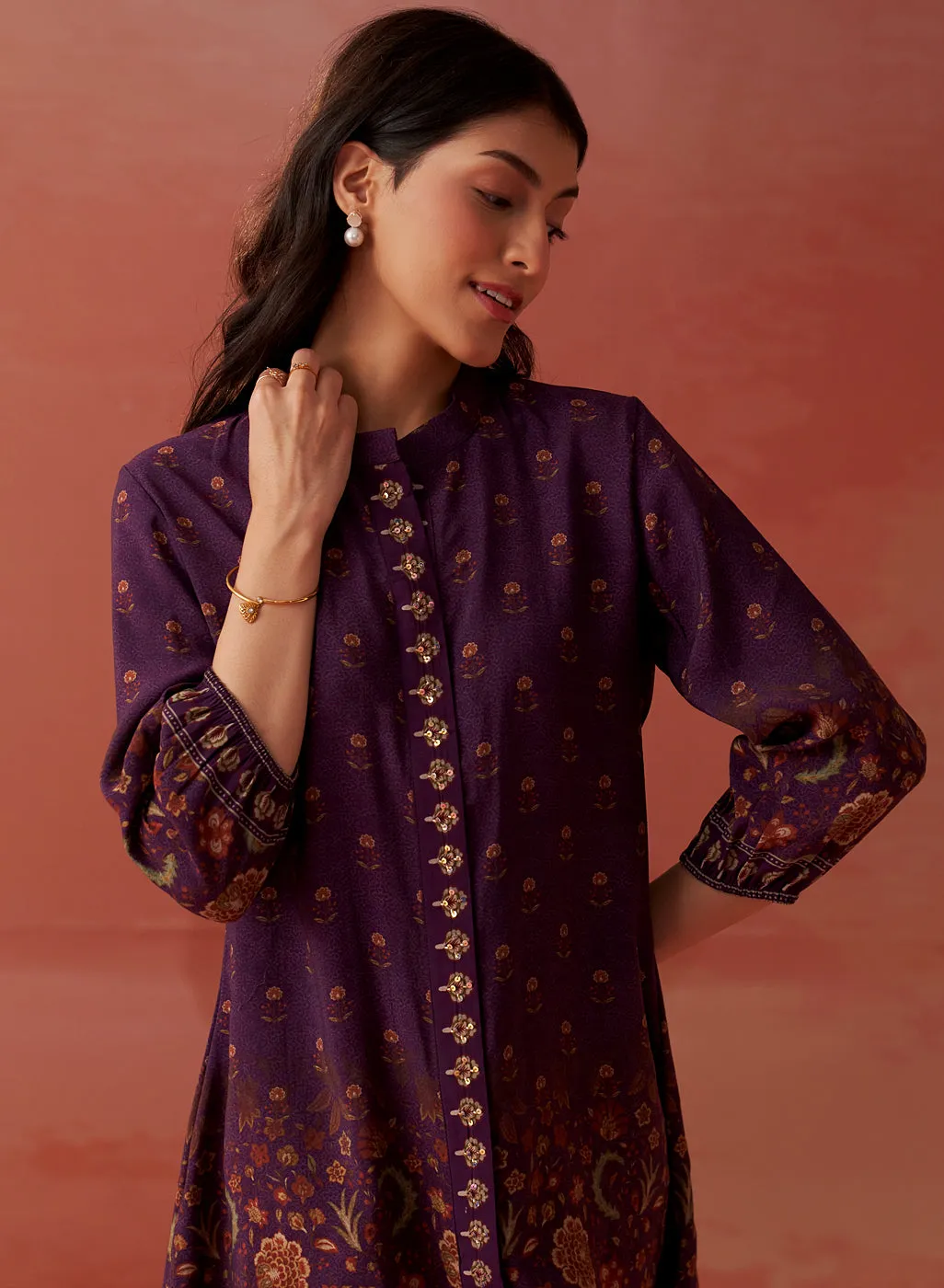 Zaina Purple Printed Cotton Modal Shirt for Women