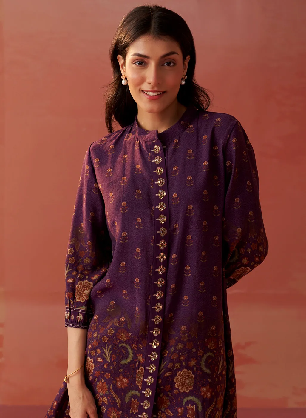 Zaina Purple Printed Cotton Modal Shirt for Women